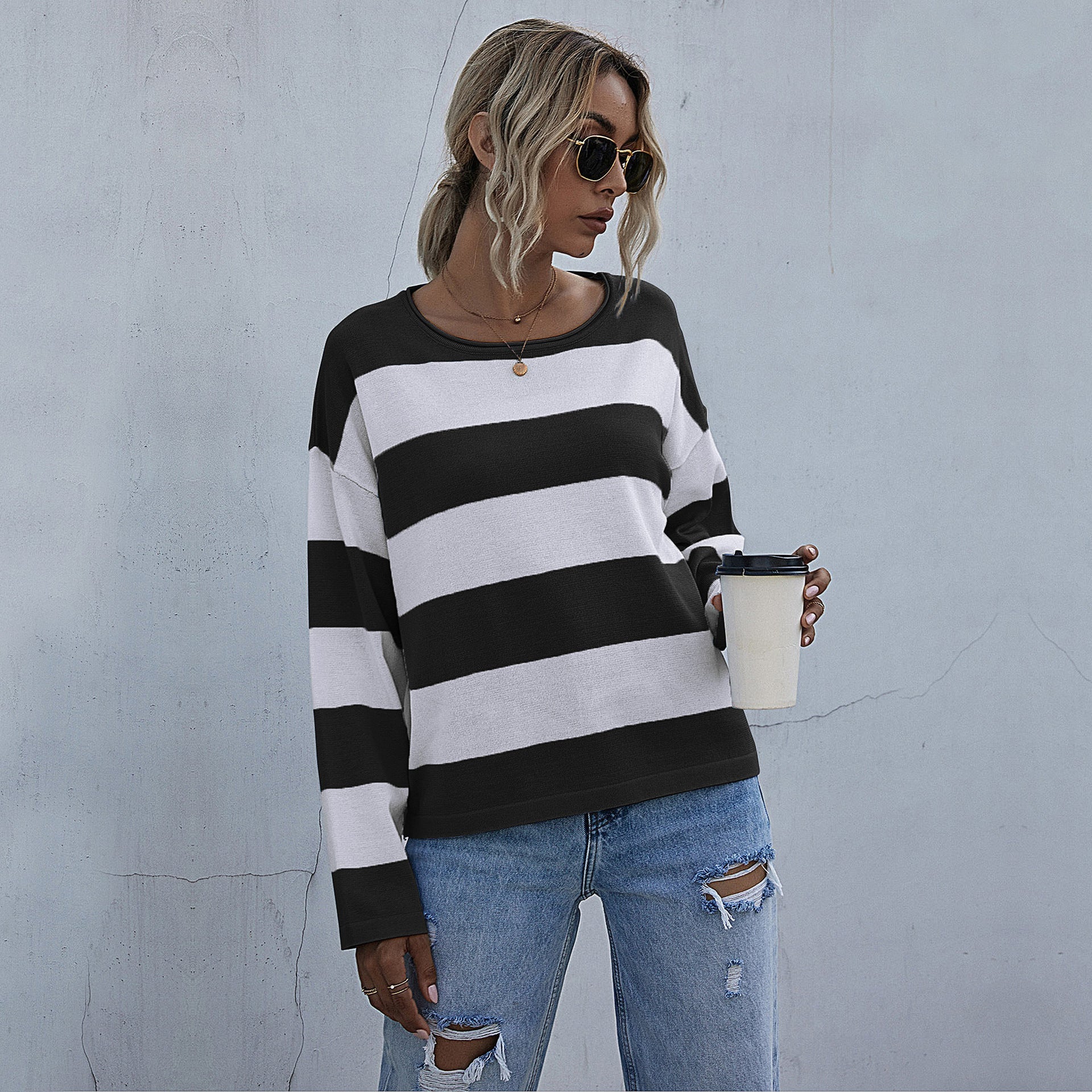 Autumn White Striped Pullover - Shirts & Tops