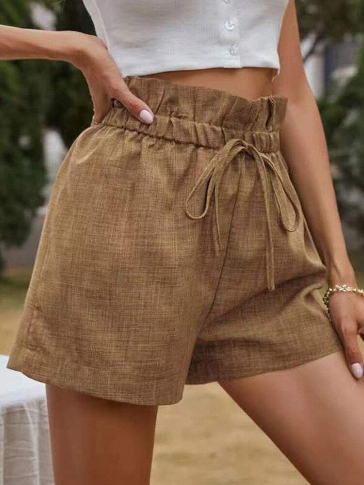High Waist Linen Shorts Khaki