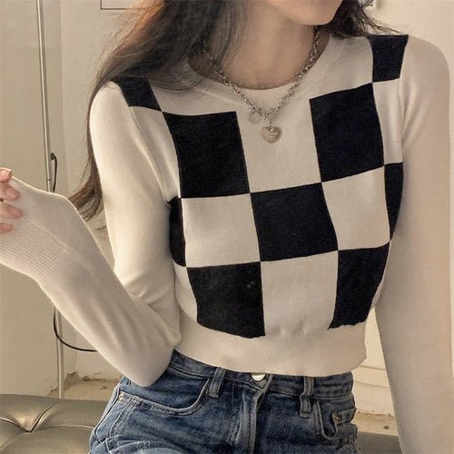 Checkerboard Print Sweater - Tops
