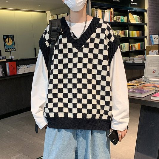 Chessboard V-Neck Vest - Shirts