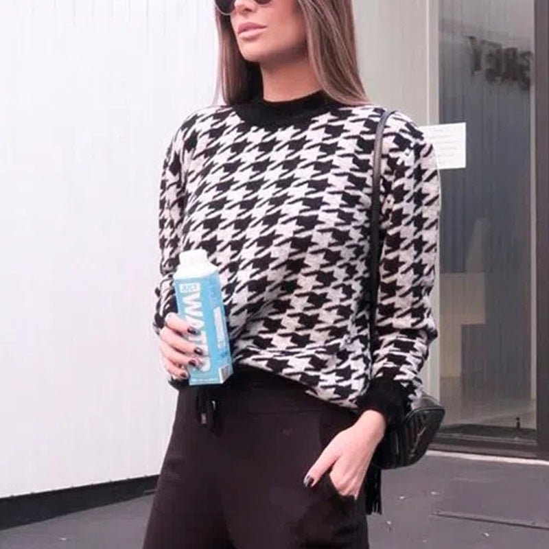 Geometric contrast color round neck pullover sweater women - Long Sleeve Shirts