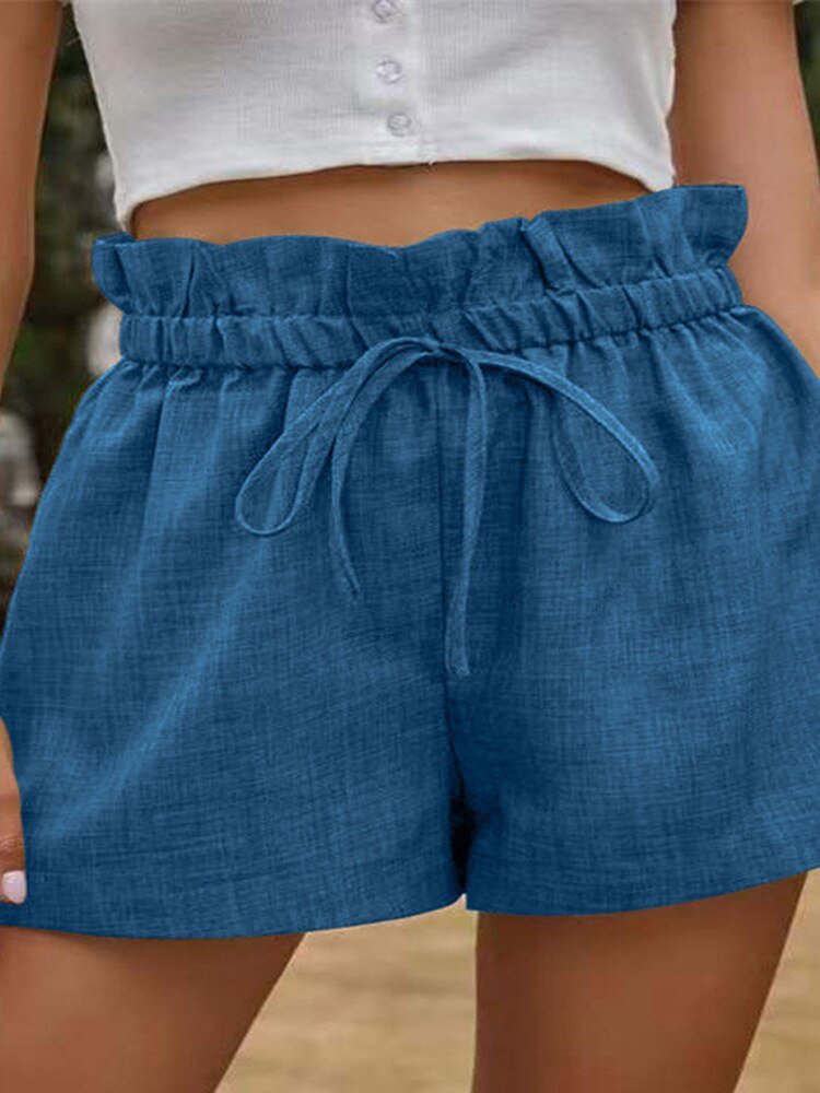 High Waist Linen Shorts - Blue - Shorts