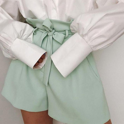 High Waist Tie Flare Shorts With Pockets - Shorts