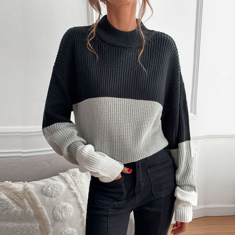 Versatile Color-block Pullover Sweater - Long Sleeve Shirts